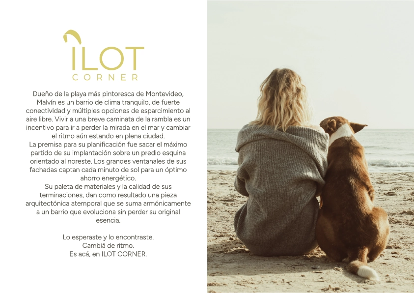 Texto con imagen de playa con mujer y perro